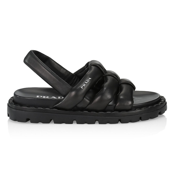 Prada Blow Black Padded Leather Logo Strappy Slingback Sport Sandal Flat 39.5 - Picture 1 of 12